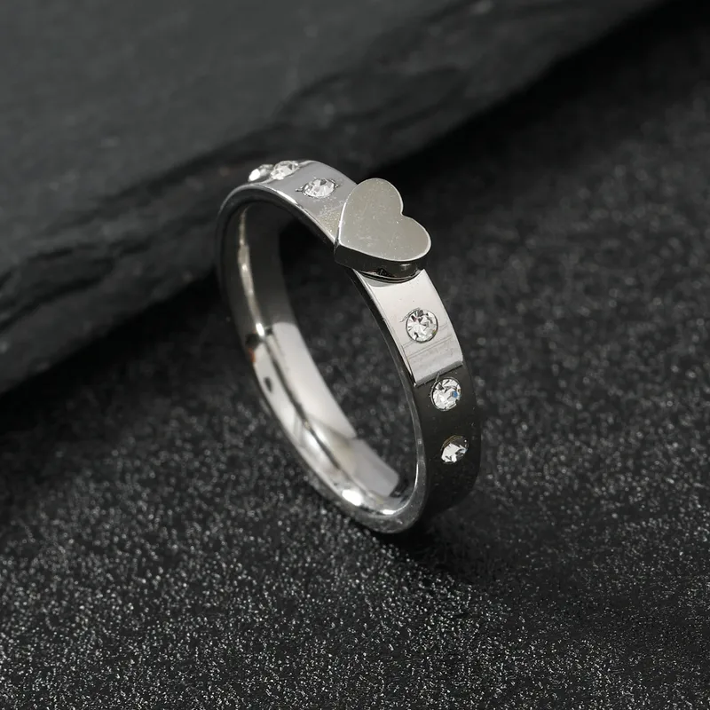 Silver Plated Heart Charm Zircon Band Ring Stainless Steel Tarnish Free