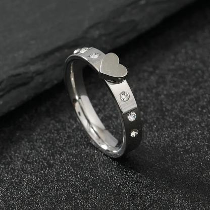 Silver Plated Heart Charm Zircon Band Ring Stainless Steel Tarnish Free