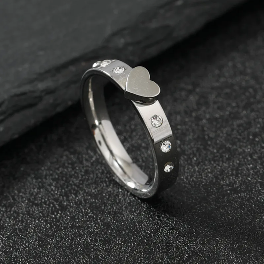Silver Plated Heart Charm Zircon Band Ring Stainless Steel Tarnish Free