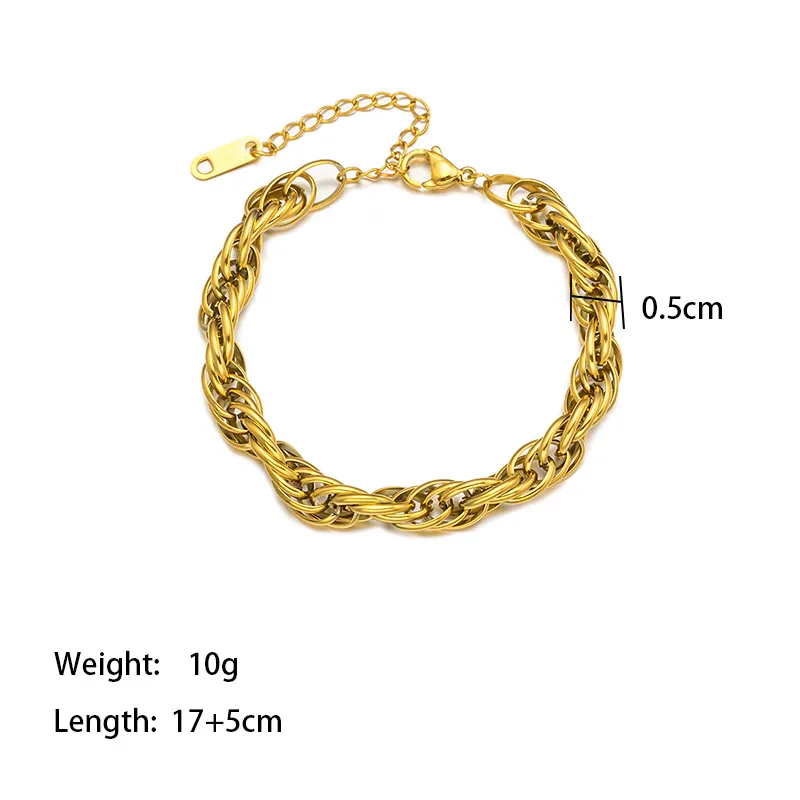 18K Gold Plated Twisted Rope Chain Bracelet Stainless Steel Tarnish Free