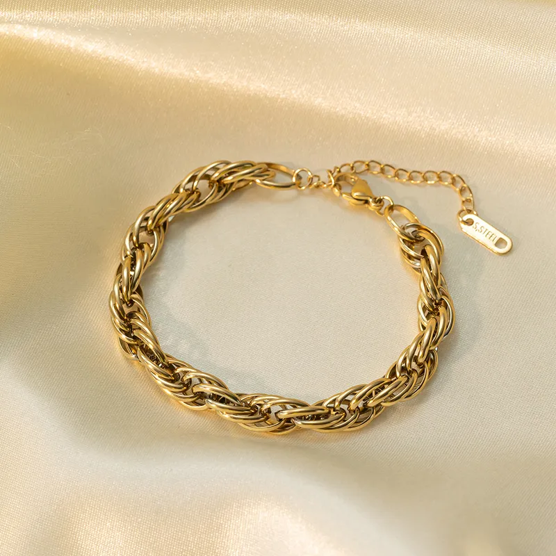 18K Gold Plated Twisted Rope Chain Bracelet Stainless Steel Tarnish Free