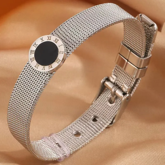 Mesh Silver Plated Roman Numeral Charm Bracelet Stainless Steel Hypoallergenic