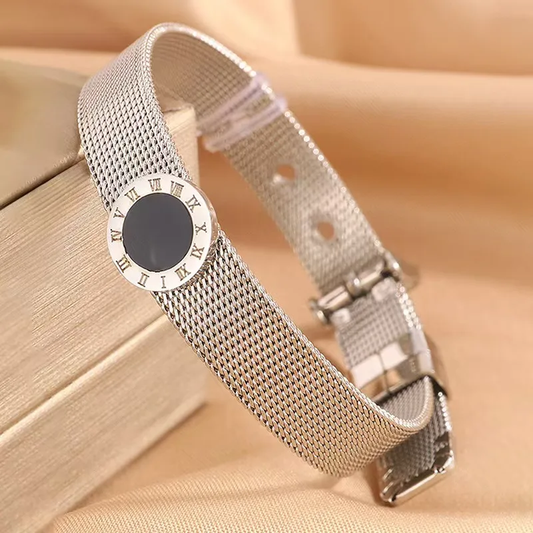 Mesh Silver Plated Roman Numeral Charm Bracelet Stainless Steel Hypoallergenic
