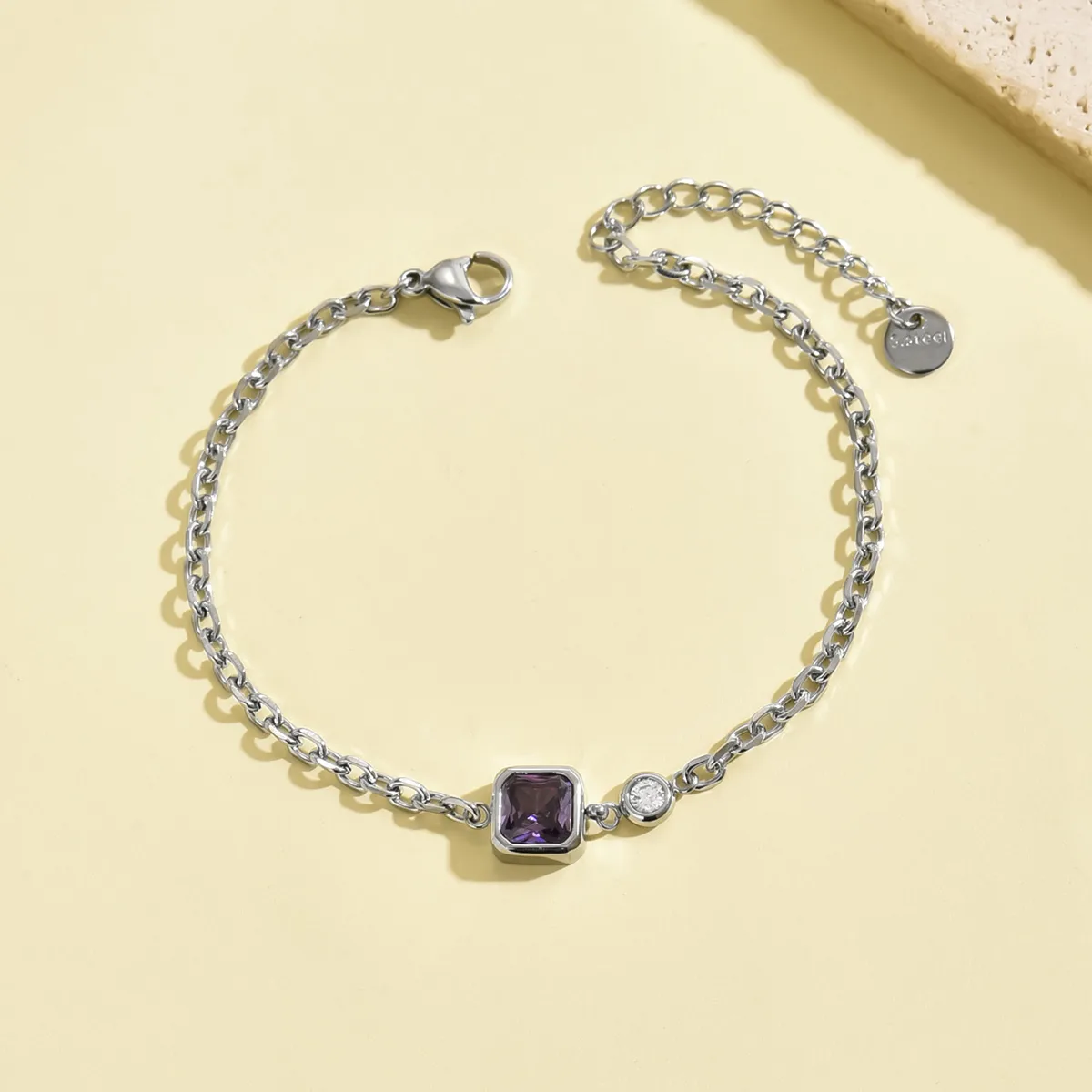 Purple Crystal and Zircon Charm Bracelet Stainless Steel