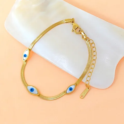 Flat Chain Evil Eye Mother of Pearl Gold Plated Bracelet Stainless Steel