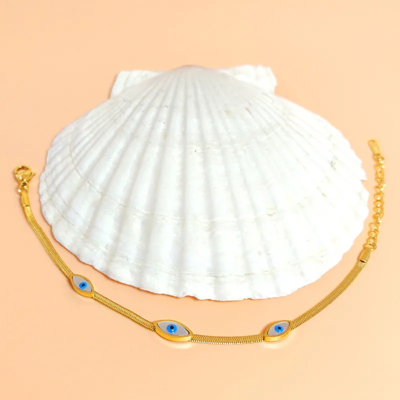 Flat Chain Evil Eye Mother of Pearl Gold Plated Bracelet Stainless Steel
