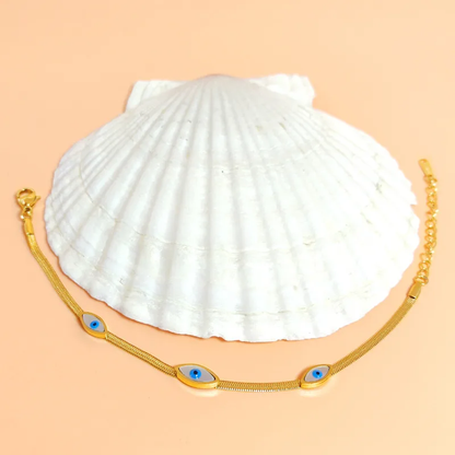 Flat Chain Evil Eye Mother of Pearl Gold Plated Bracelet Stainless Steel