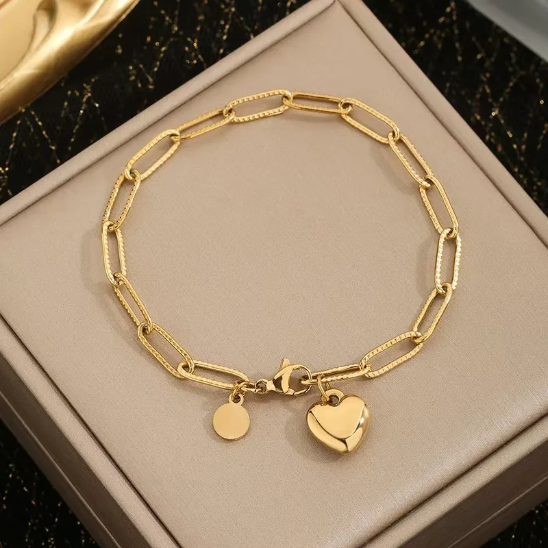 Trending Chain Link Heart Charm Bracelet  18K Gold Plated Stainless Steel Tarnish Free