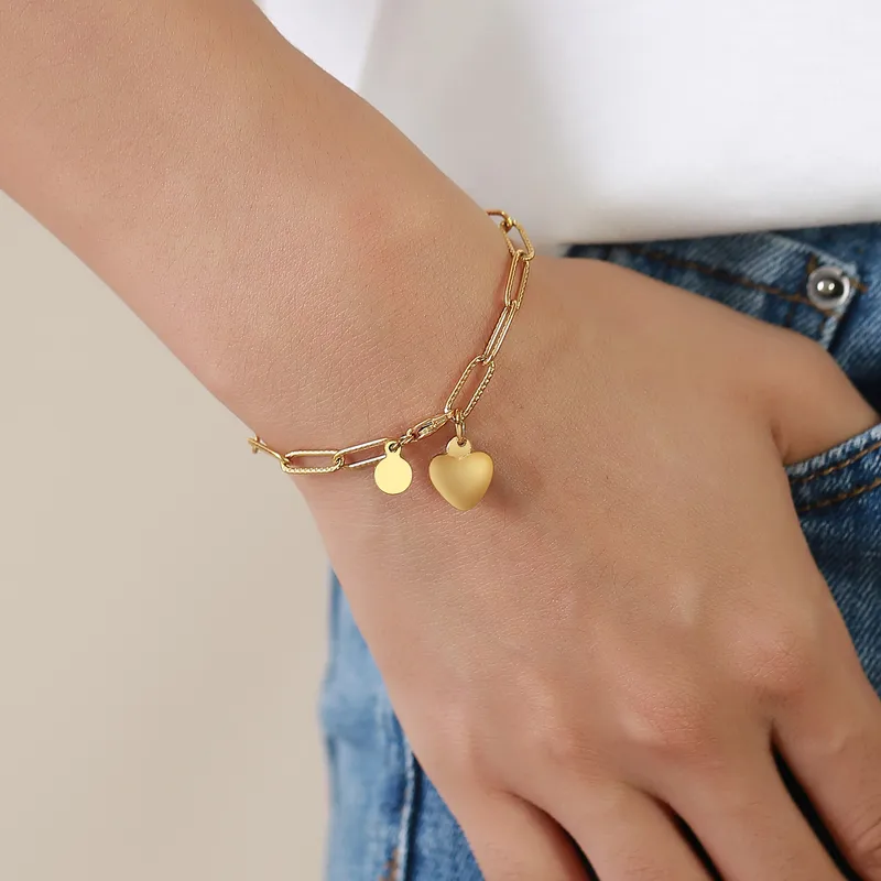 Trending Chain Link Heart Charm Bracelet  18K Gold Plated Stainless Steel Tarnish Free