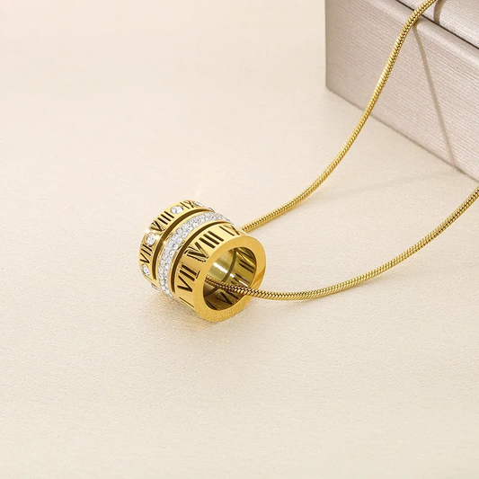 Roman Numeral Ring Pendant Necklace 18k Gold Plated