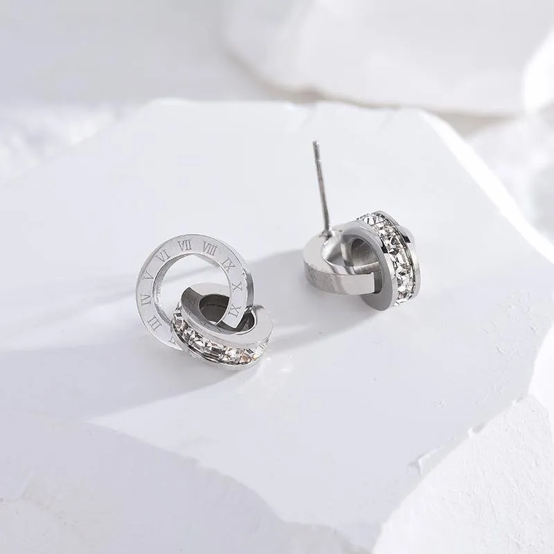Silver Plated Interlocking Circle Roman Numeral Zircon Stud Earrings