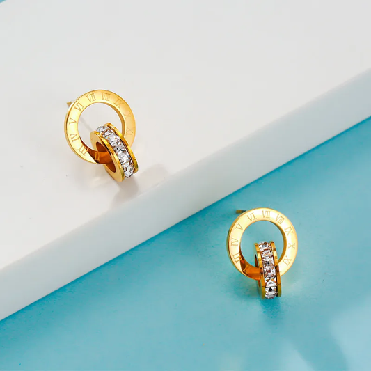 Circle Roman Numeral Zircon Stud Earrings 18K Gold Plated Hypoallergenic