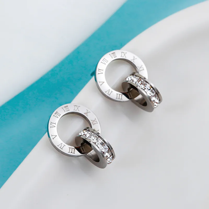 Silver Plated Interlocking Circle Roman Numeral Zircon Stud Earrings