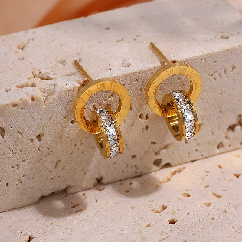 Circle Roman Numeral Zircon Stud Earrings 18K Gold Plated Hypoallergenic