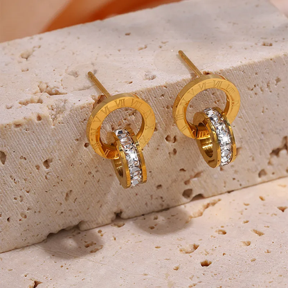 Circle Roman Numeral Zircon Stud Earrings 18K Gold Plated Hypoallergenic