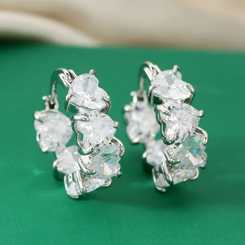Gorgeous Zircon Heart Hoop Earrings Silver Plated Hypoallergenic