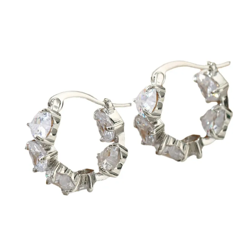 Gorgeous Zircon Heart Hoop Earrings Silver Plated Hypoallergenic