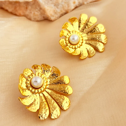 Textured Flower Pearl Earrings Stainless Steel 18K Gold Plated