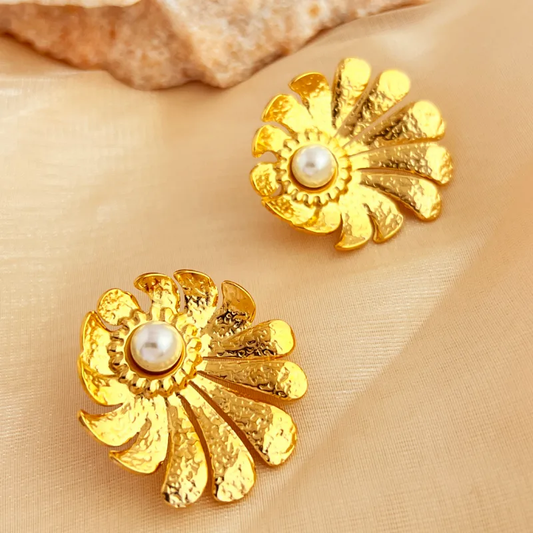 Textured Flower Pearl Earrings Stainless Steel 18K Gold Plated