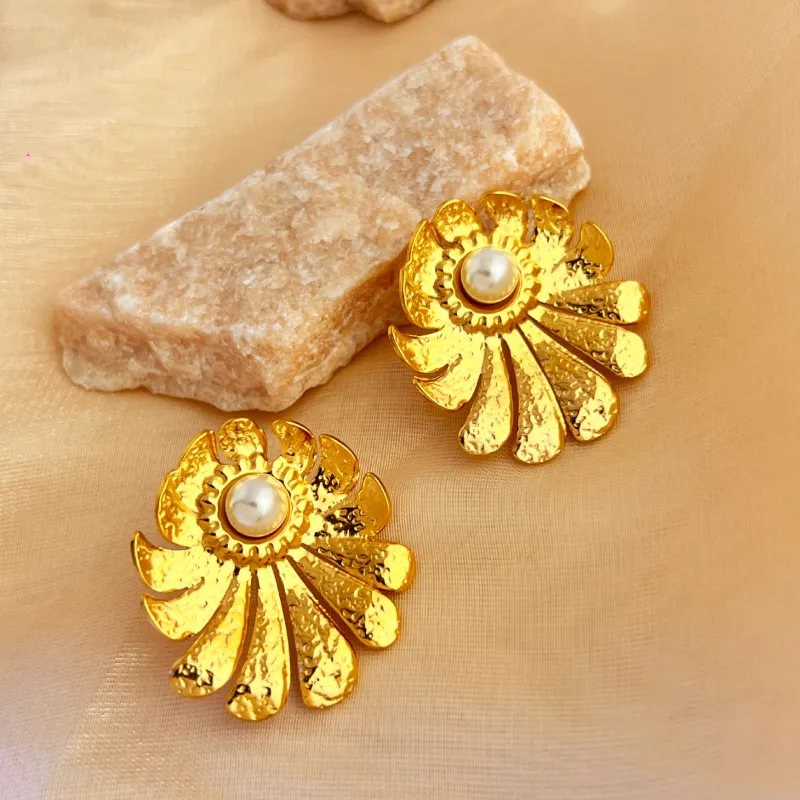 Textured Flower Pearl Earrings Stainless Steel 18K Gold Plated