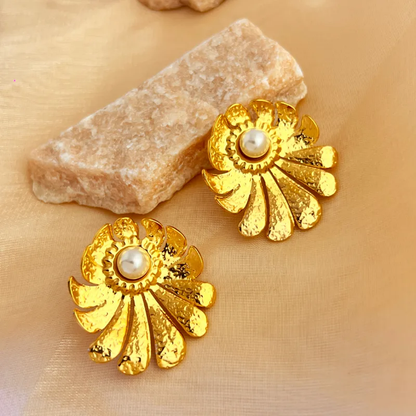 Textured Flower Pearl Earrings Stainless Steel 18K Gold Plated