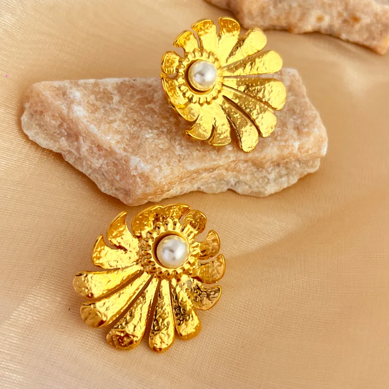 Textured Flower Pearl Earrings Stainless Steel 18K Gold Plated