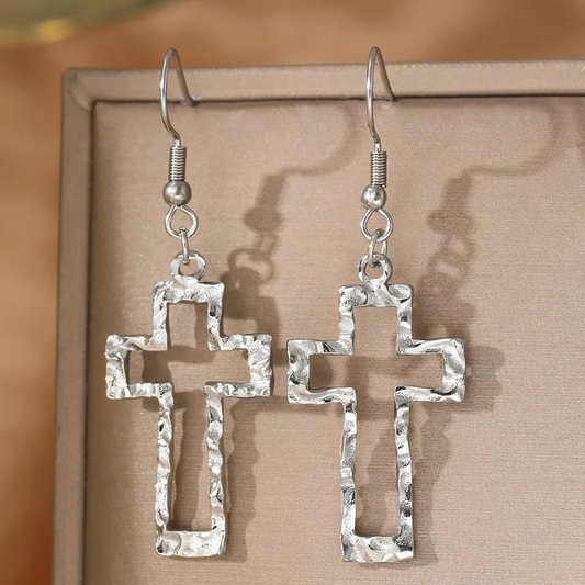 Hammered Silver Plated Cross Hook Earrings Stainless Steel