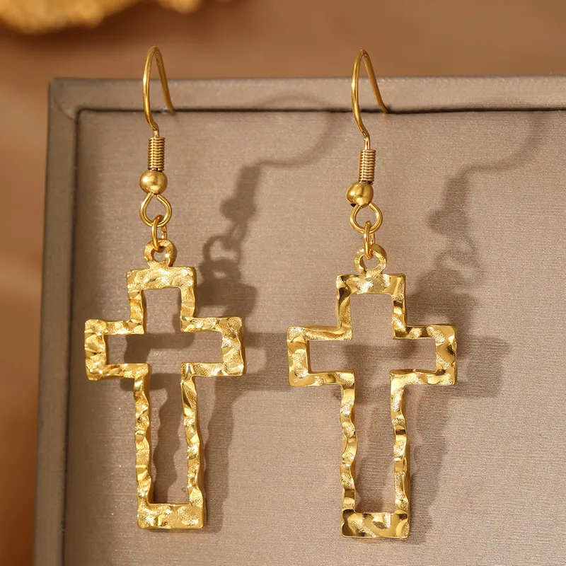Hammered Gold Plated Cross Hook Earrings Stainless Steel