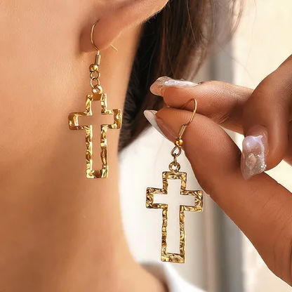 Hammered Gold Plated Cross Hook Earrings Stainless Steel