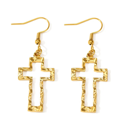 Hammered Gold Plated Cross Hook Earrings Stainless Steel