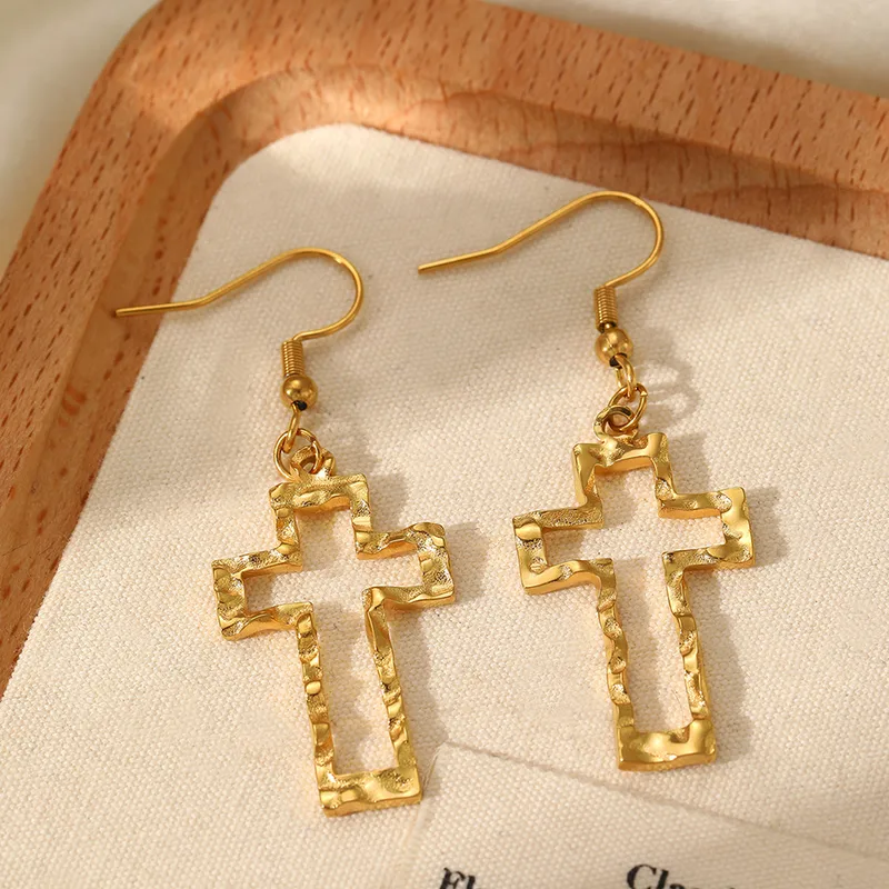 Hammered Gold Plated Cross Hook Earrings Stainless Steel