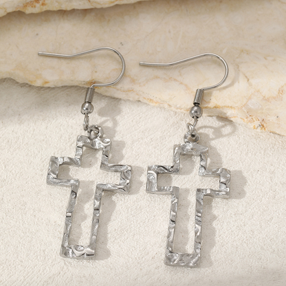 Hammered Silver Plated Cross Hook Earrings Stainless Steel