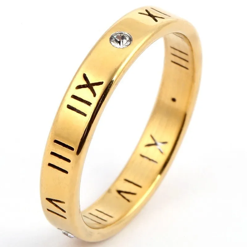Roman Numeral Engraved Diamond Ring Stainless Steel 18k Gold Plated