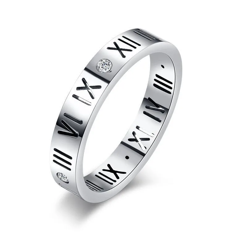 Silver Plated Roman Numeral Engraved Diamond Ring Stainless Steel