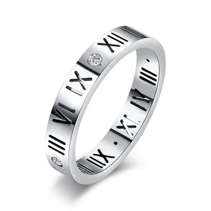 Silver Plated Roman Numeral Engraved Diamond Ring Stainless Steel