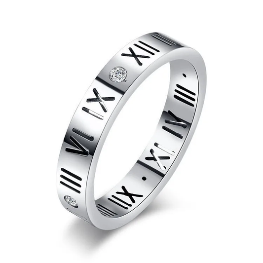 Silver Plated Roman Numeral Engraved Diamond Ring Stainless Steel