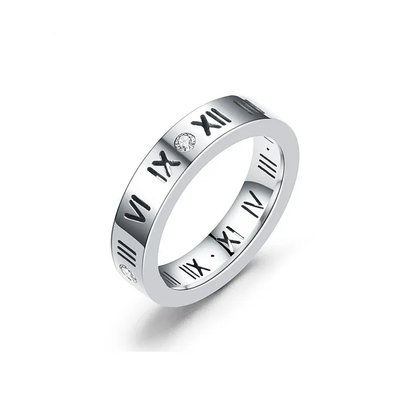 Silver Plated Roman Numeral Engraved Diamond Ring Stainless Steel