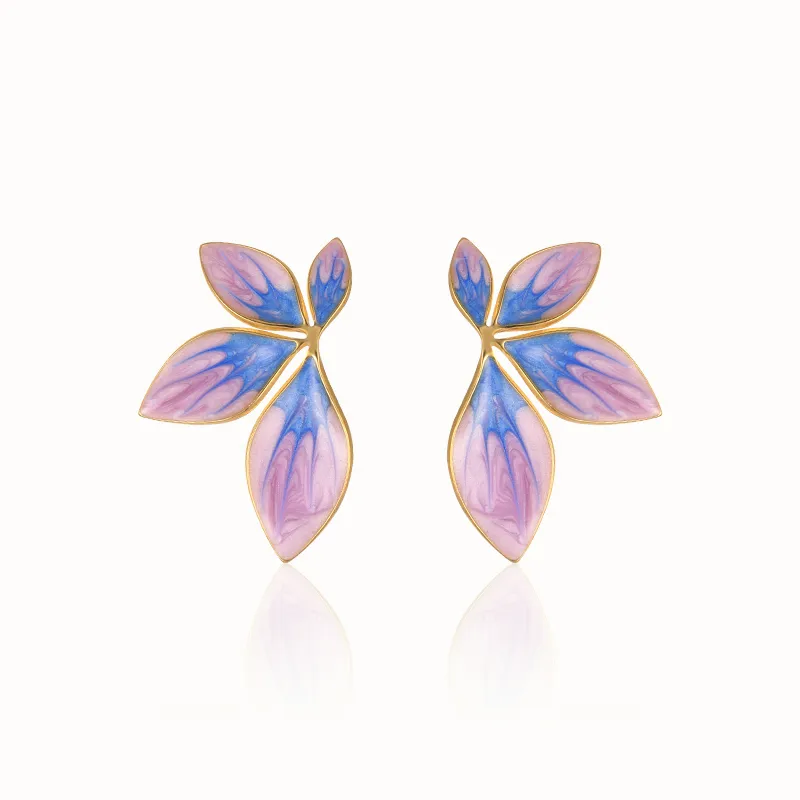 Purple Blue Enamel Leaf Earrings 18K Gold Plated Stainless Steel