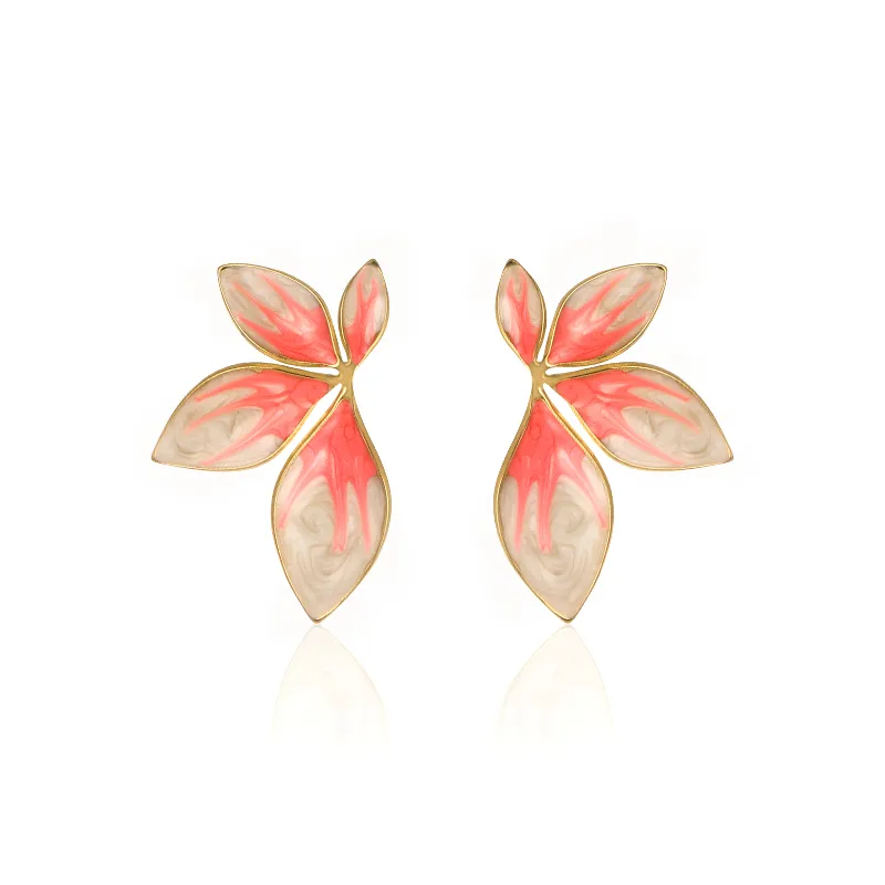 White Pink Enamel Leaf Earrings 18K Gold Plated Stainless Steel