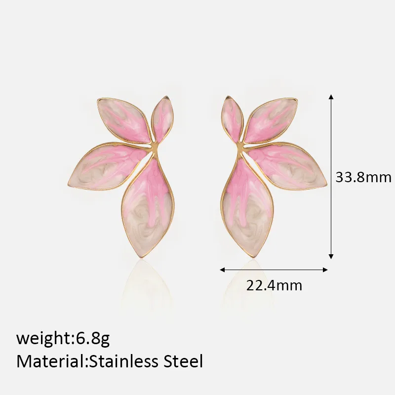 White Pink Enamel Leaf Earrings 18K Gold Plated Stainless Steel