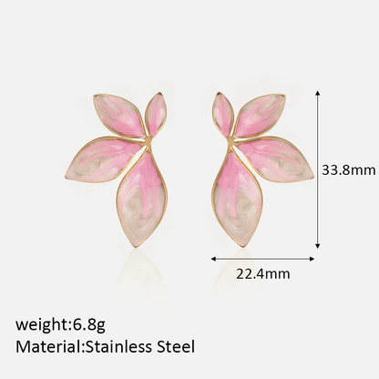 White Pink Enamel Leaf Earrings 18K Gold Plated Stainless Steel