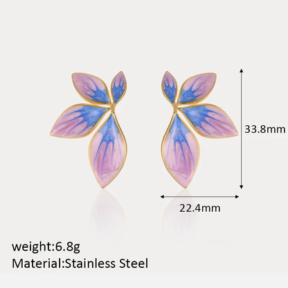 Purple Blue Enamel Leaf Earrings 18K Gold Plated Stainless Steel