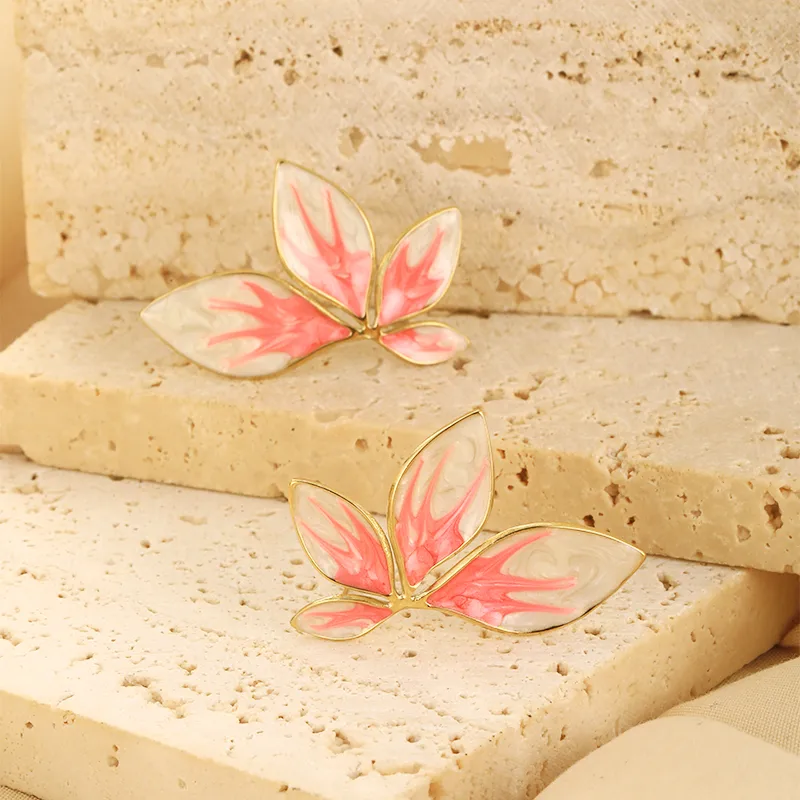 White Pink Enamel Leaf Earrings 18K Gold Plated Stainless Steel