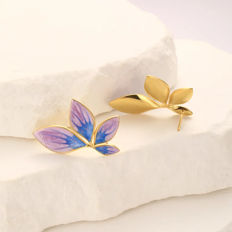 Purple Blue Enamel Leaf Earrings 18K Gold Plated Stainless Steel