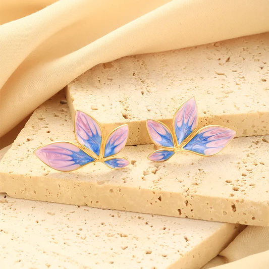 Purple Blue Enamel Leaf Earrings 18K Gold Plated Stainless Steel