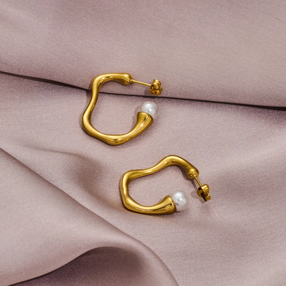 Abstract Open Pearl Hoop Earrings 18K Gold Plated Hypoallergenic Stainless Steel