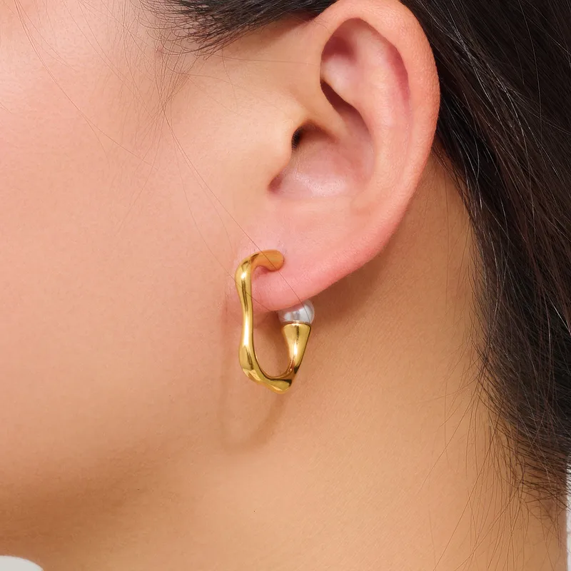 Abstract Open Pearl Hoop Earrings 18K Gold Plated Hypoallergenic Stainless Steel
