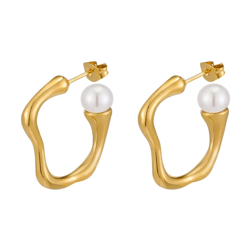 Abstract Open Pearl Hoop Earrings 18K Gold Plated Hypoallergenic Stainless Steel