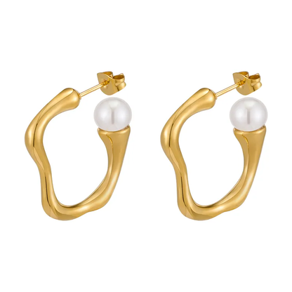 Abstract Open Pearl Hoop Earrings 18K Gold Plated Hypoallergenic Stainless Steel