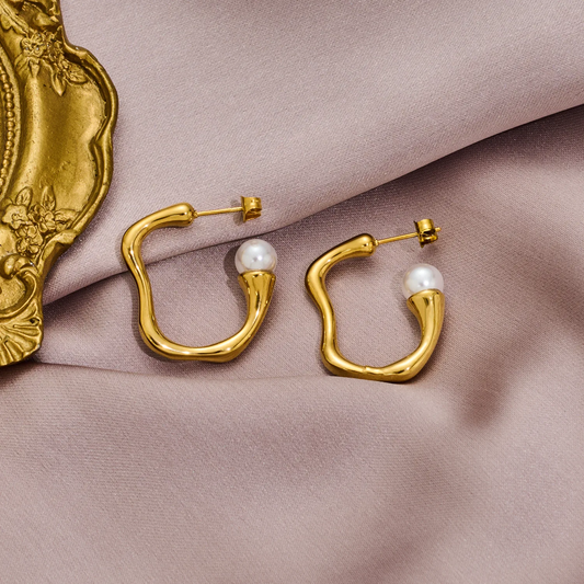 Abstract Open Pearl Hoop Earrings 18K Gold Plated Hypoallergenic Stainless Steel